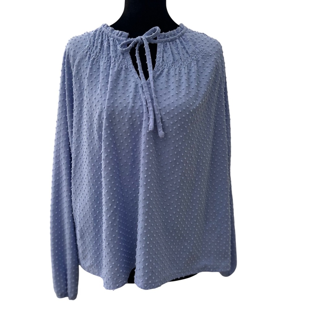 J.Crew Swiss Dot Ruffle Tie Neck Top Periwinkle Blue Long Sleeve Blouse Large